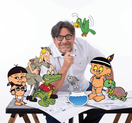 Mário Adolfo cercado pelos personagens que criou