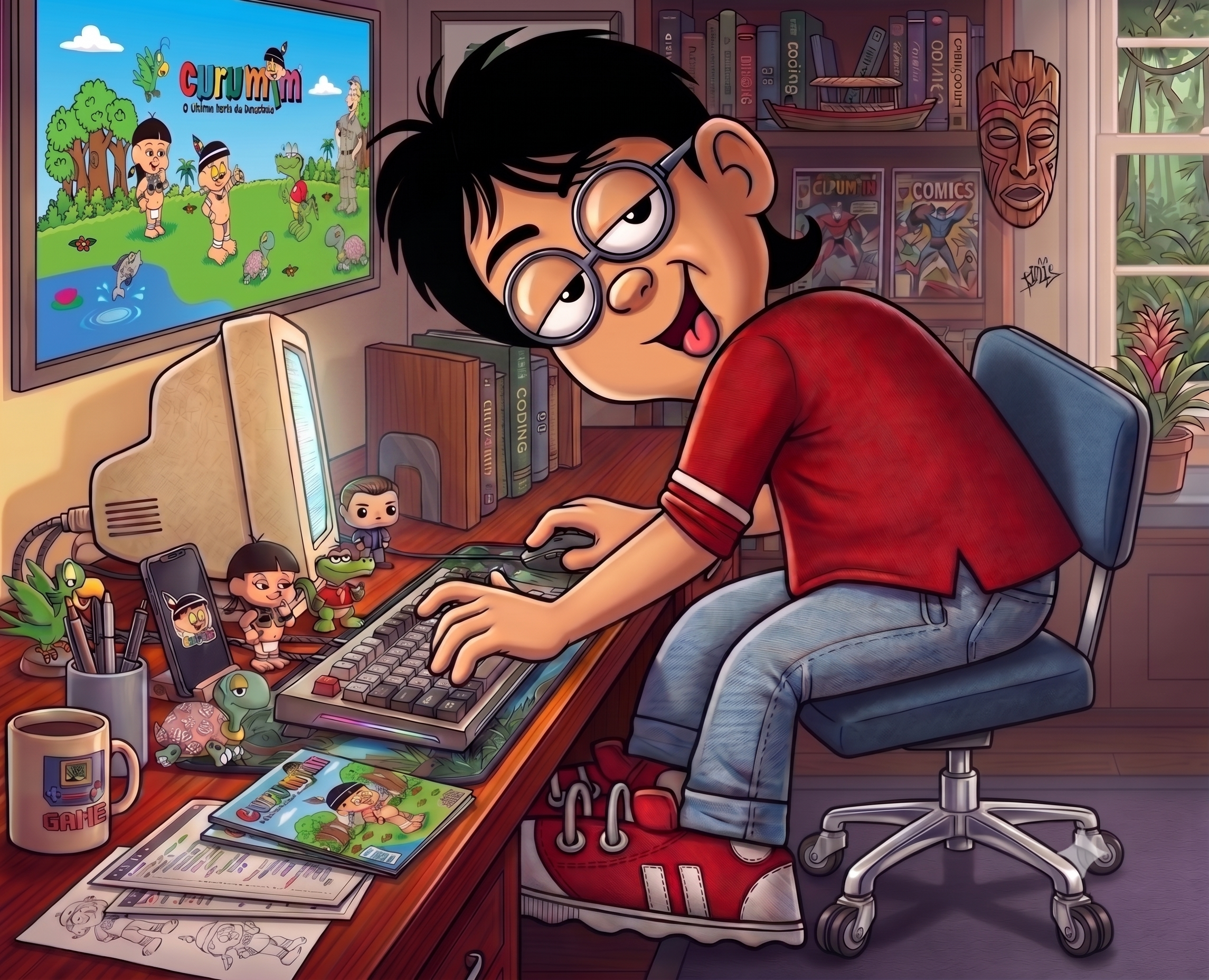 Mário Adolfo, criador do Curumim, ilustrado em seu universo criativo